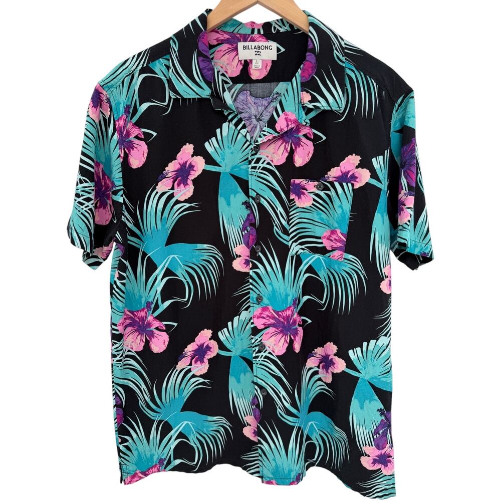 Billabong Hawaiian Shirt Mens Large Black Floral Tropical Button Up